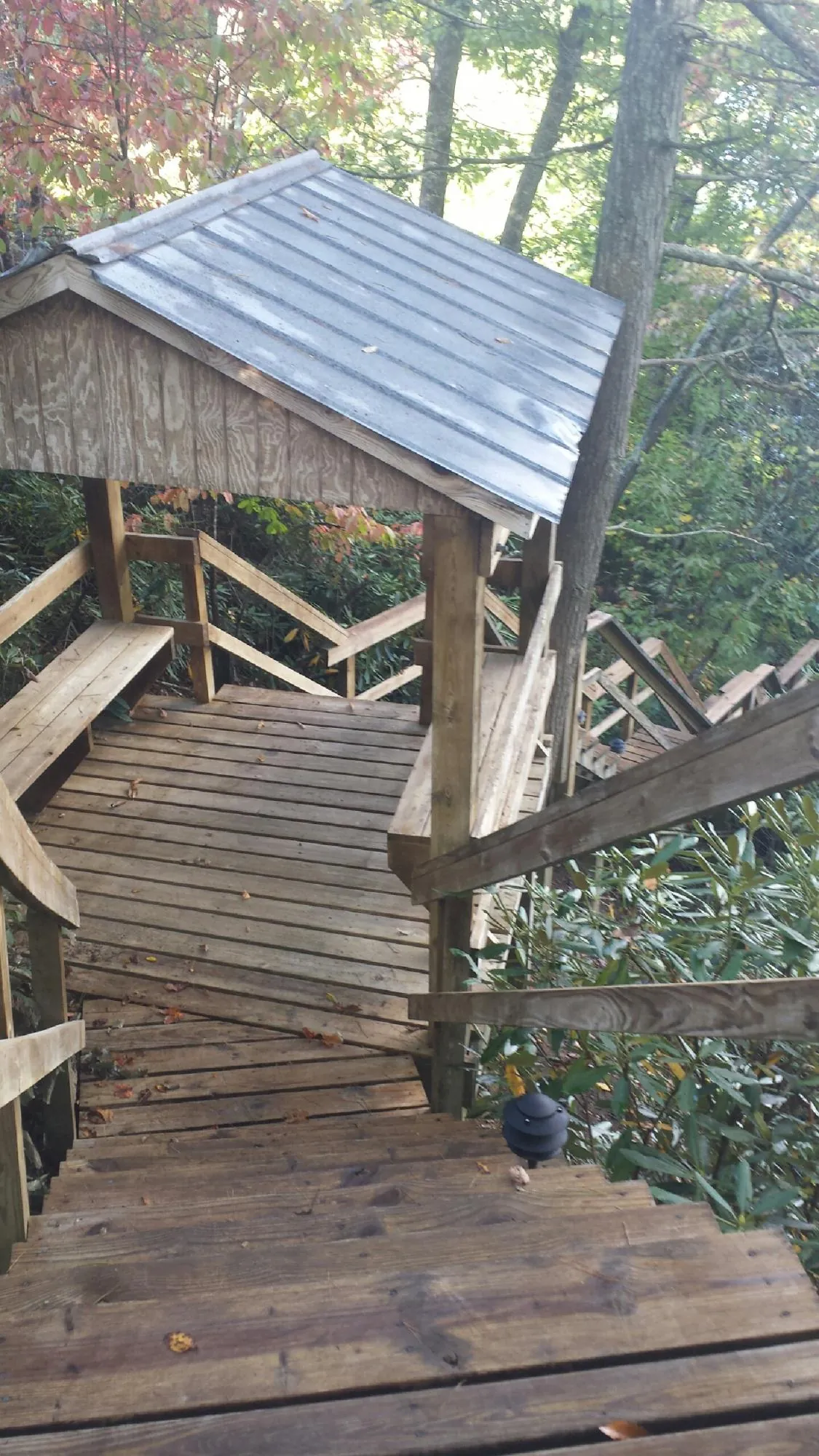 Metal roofed shelter over wooden steps on a wooded walkway — Skylight Repair & Installation work by our crew in Careywood